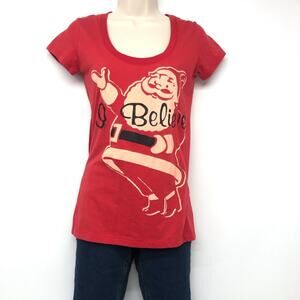 I Believe in Santa Red Short Sleeve T Shirt Christmas Graphic Front Rounded Neck